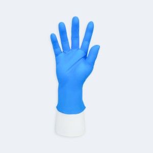 Disposable Nitrile Gloves compact view for identifying the glove style, showing ambidextrous, finger textured, beaded cuff for Industrial and Laboratory.