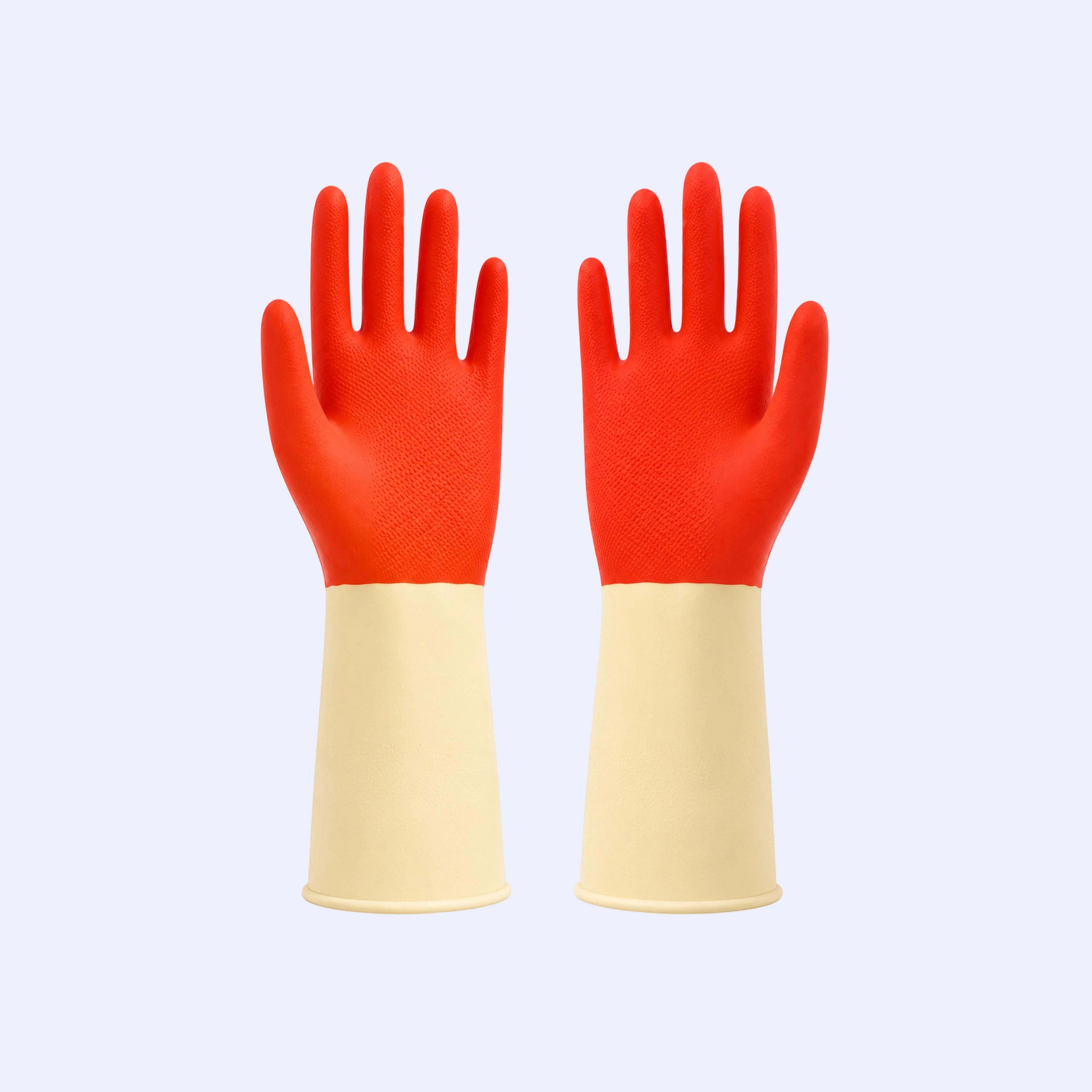 Bi-color household latex gloves with a two-tone design for cleaning applications