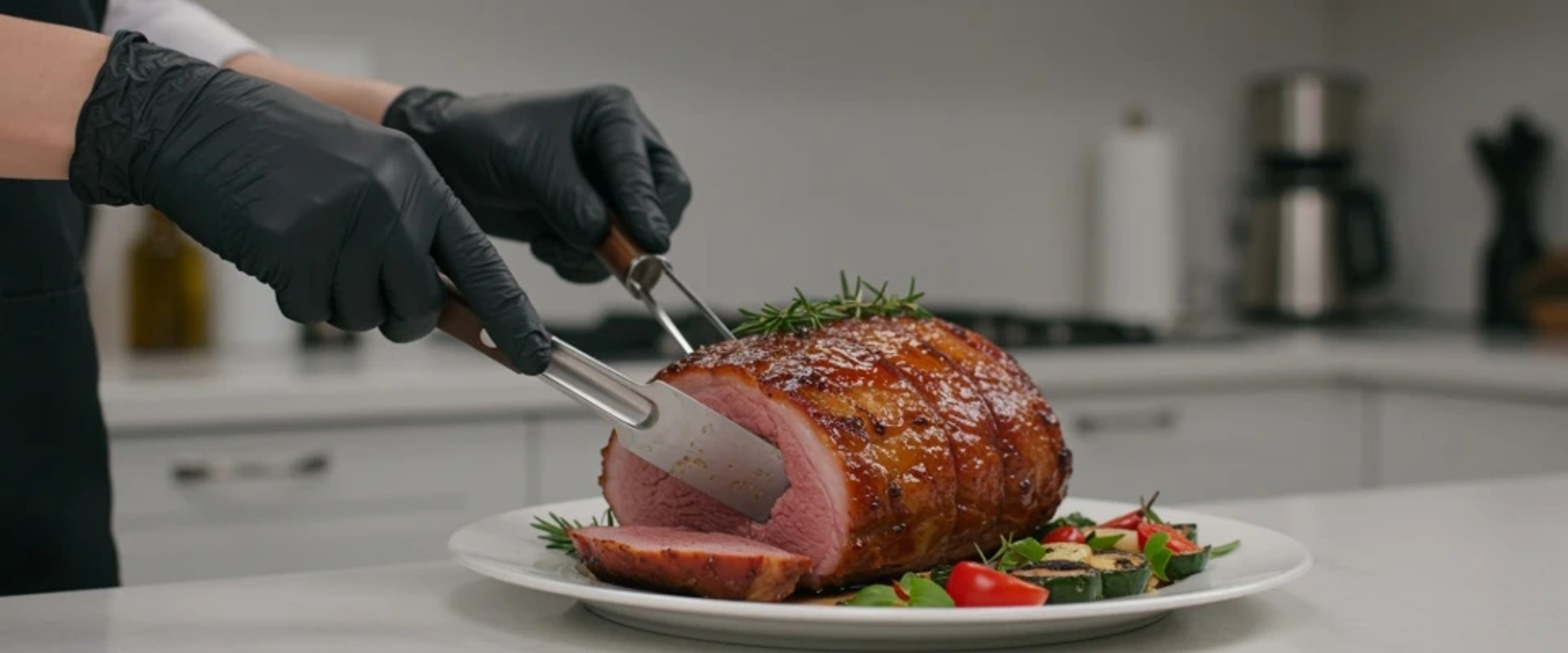 Disposable Gloves for Cooking: Chef slicing roast in kitchen