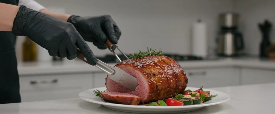 Disposable Gloves for Cooking: Chef slicing roast in kitchen