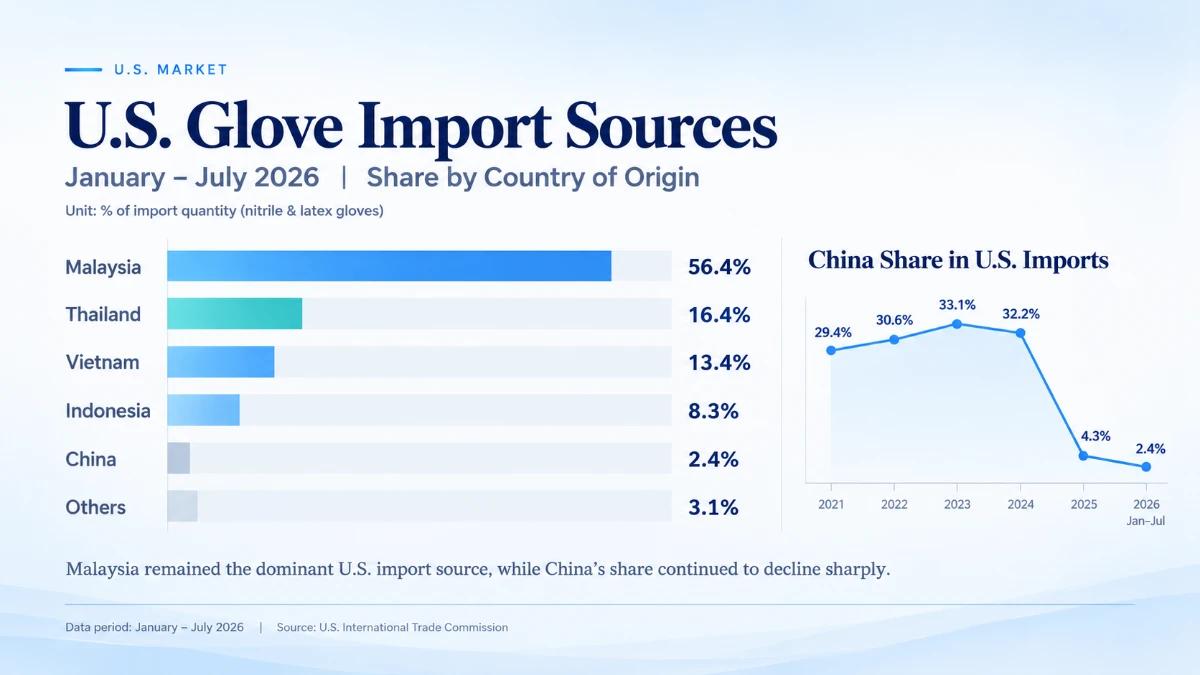US nitrile and latex glove import sources from January to July 2026, showing Malaysia's 56.4% share and China's 2.4% share.
