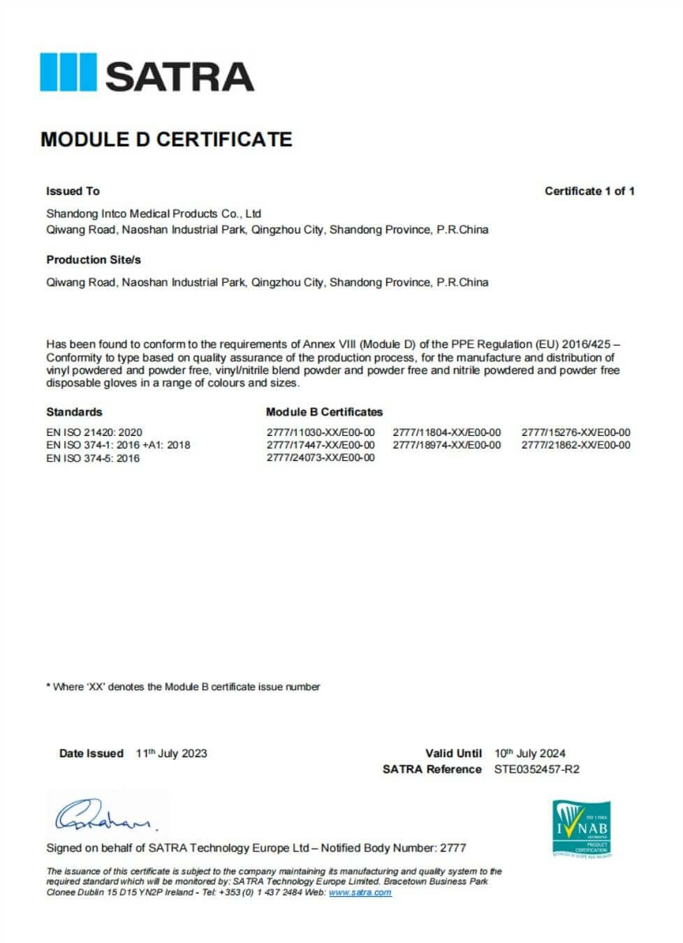 Quality certificate