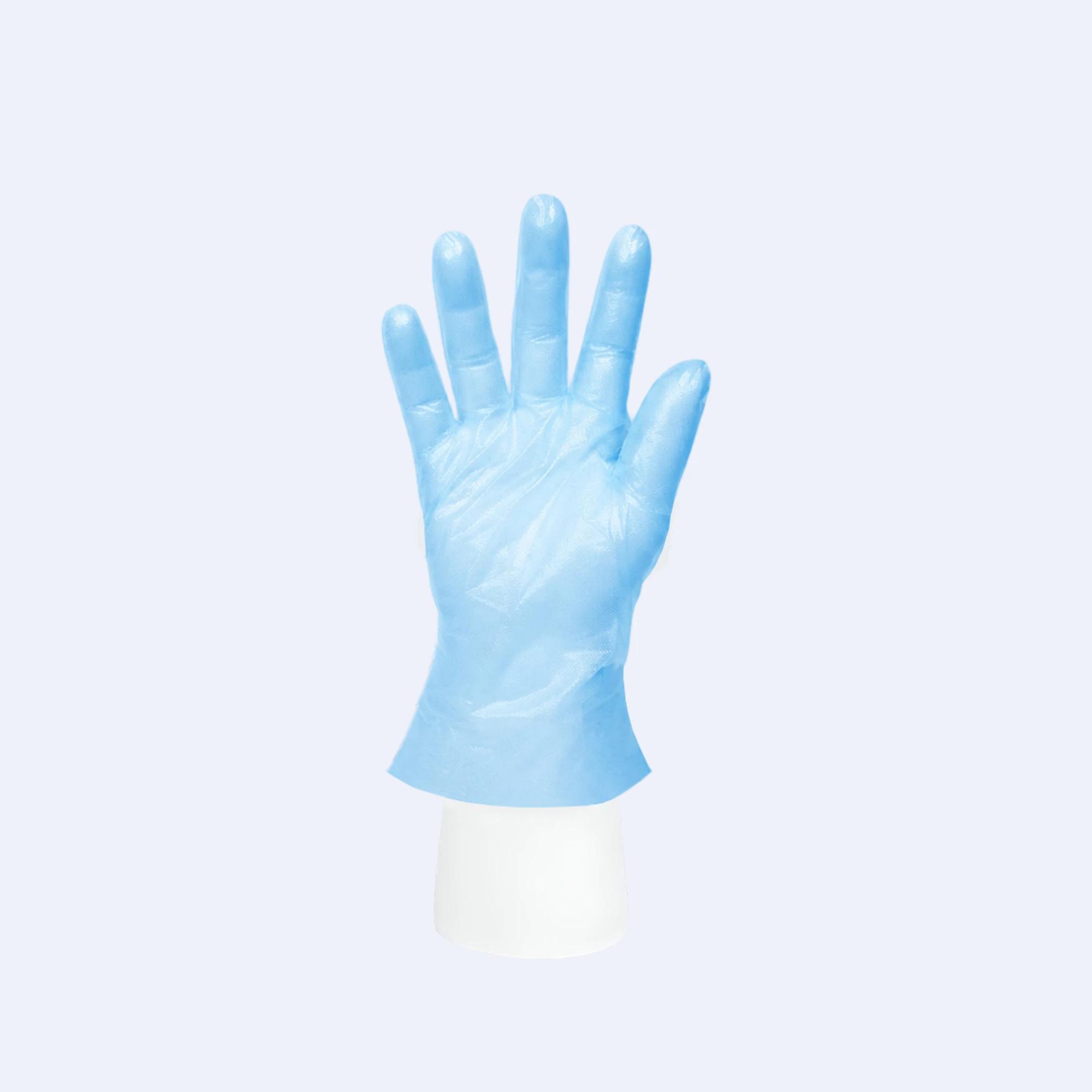 Disposable blue CPE gloves for food handling, cleaning and hygiene applications