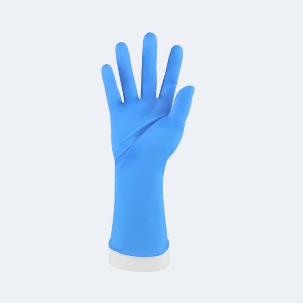 Advancare Nitrile Exam Gloves compact view of the glove fit and cuff area with Nitrile, showing ambidextrous, finger textured, beaded cuff.