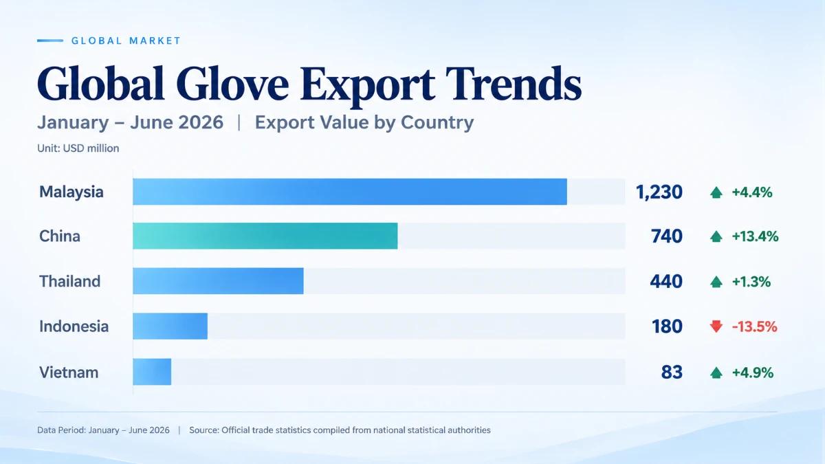 Glove export values and year-over-year changes for Malaysia, China, Thailand, Indonesia, and Vietnam from January to June 2026.