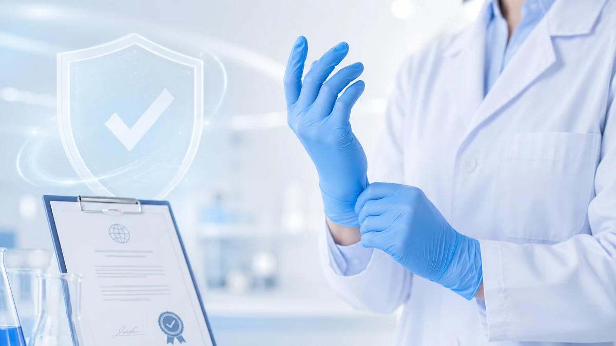 Blue nitrile gloves being worn in a clean laboratory environment with FDA approval and safety shield icon, representing medical-grade disposable glove compliance and quality testing.