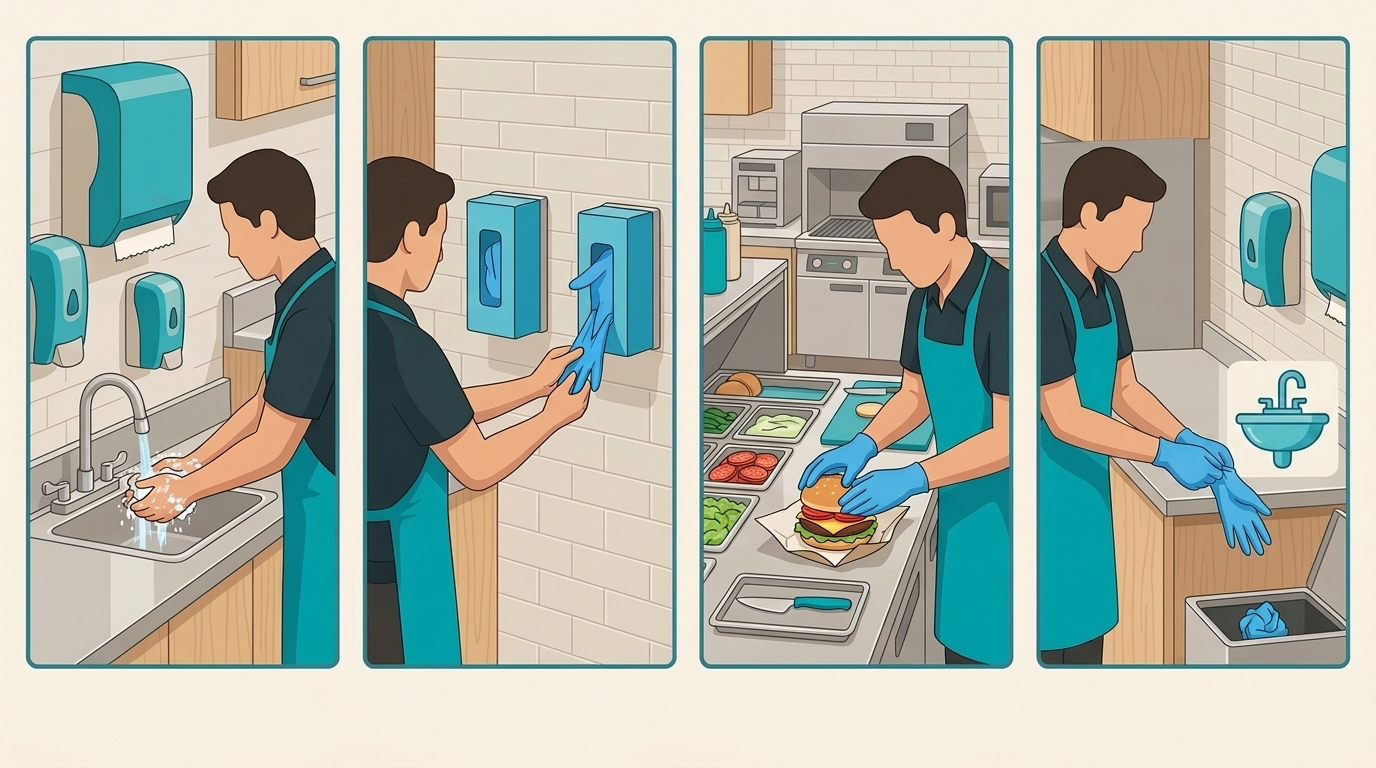 Icon-only QSR glove workflow showing handwashing, donning, food preparation, glove disposal, and a return to handwashing.