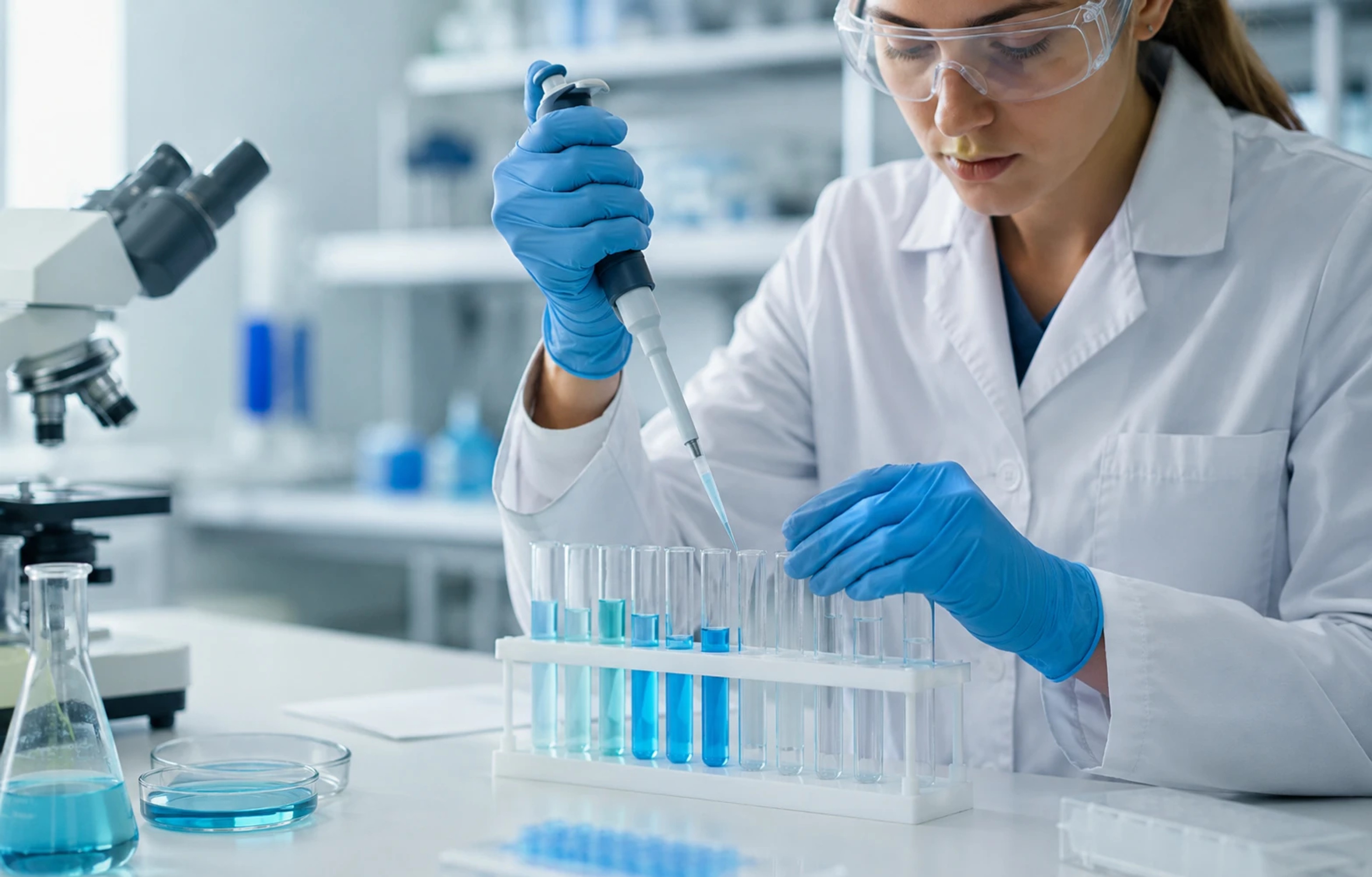 Scientist wearing blue nitrile gloves using a pipette for laboratory testing in a clean lab setting