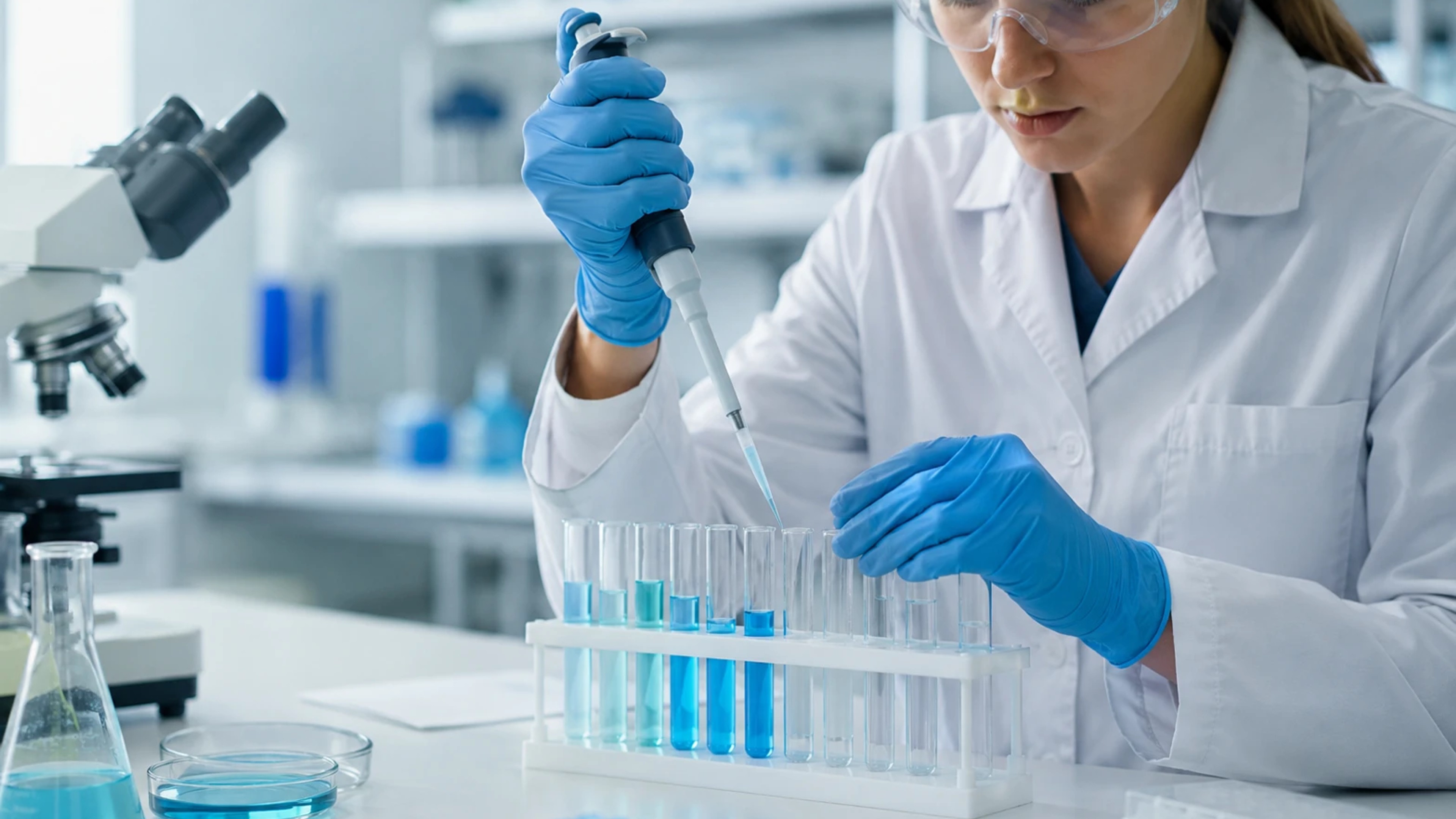 Scientist wearing blue nitrile gloves using a pipette for laboratory testing in a clean lab setting