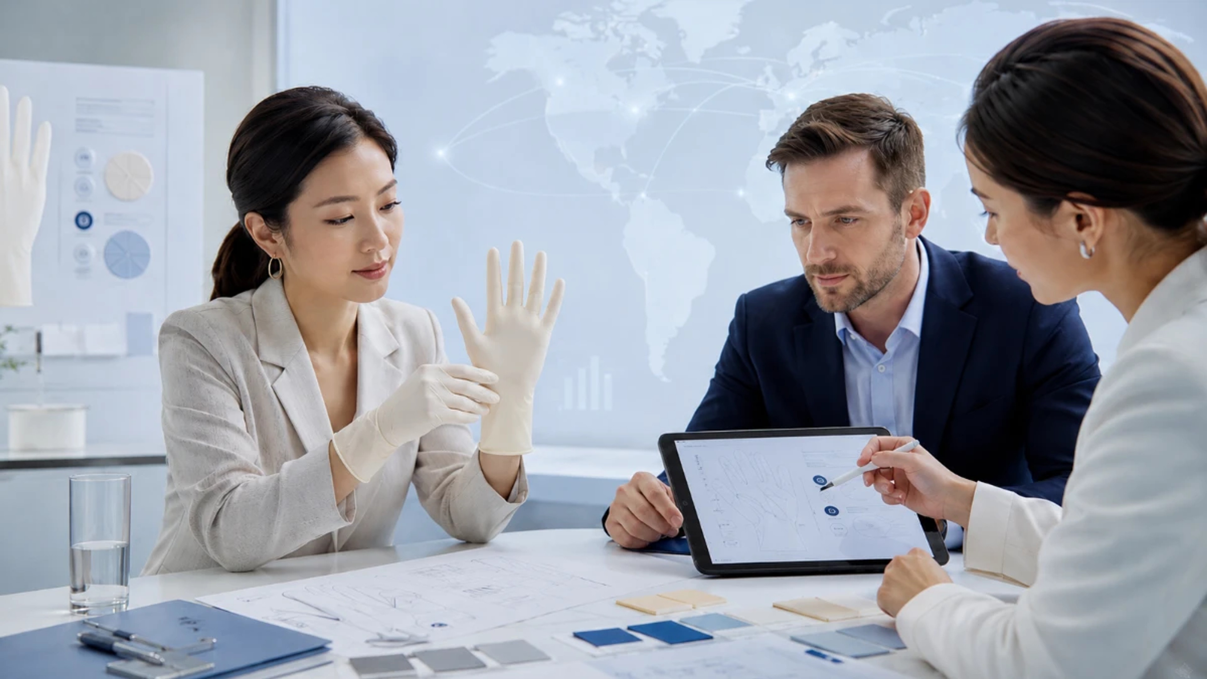 Business and product development team reviewing synthetic latex glove design and specifications in a modern office meeting for OEM and ODM manufacturing planning