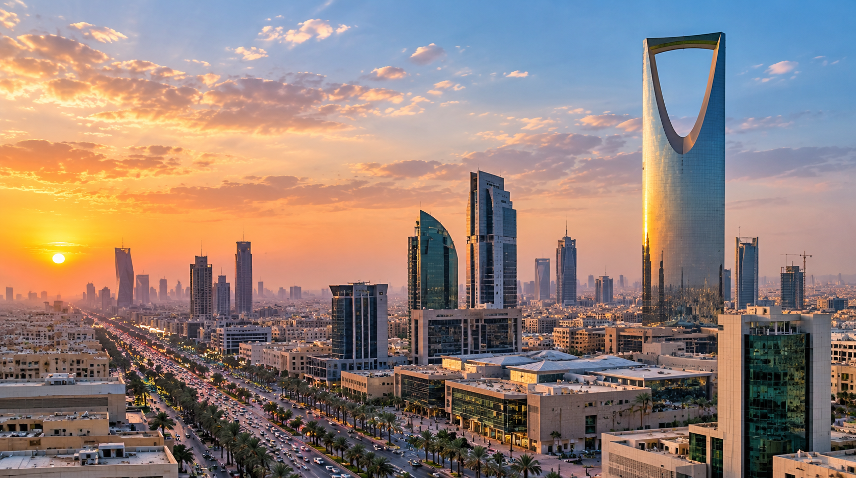 Riyadh skyline at sunset with the Kingdom Centre Tower