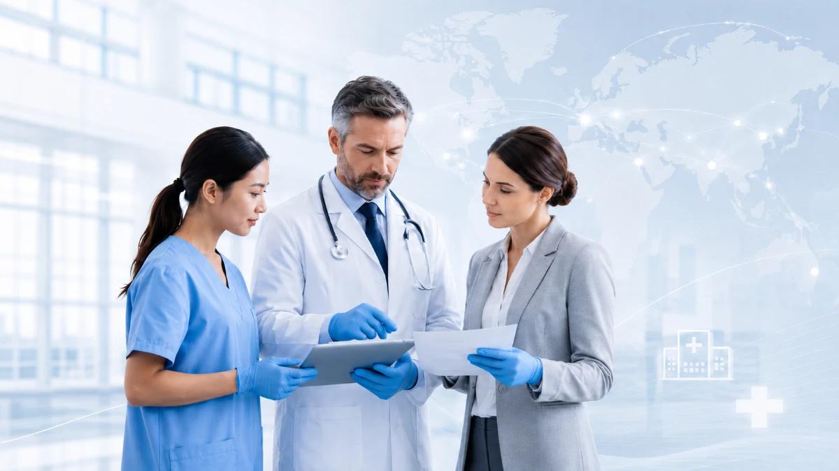 Healthcare professionals reviewing hospital medical glove suppliers and manufacturers in a modern clinical setting