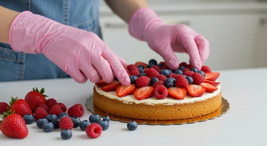 Non-Latex Disposable Gloves for hygienic cake decoration with fresh berries.