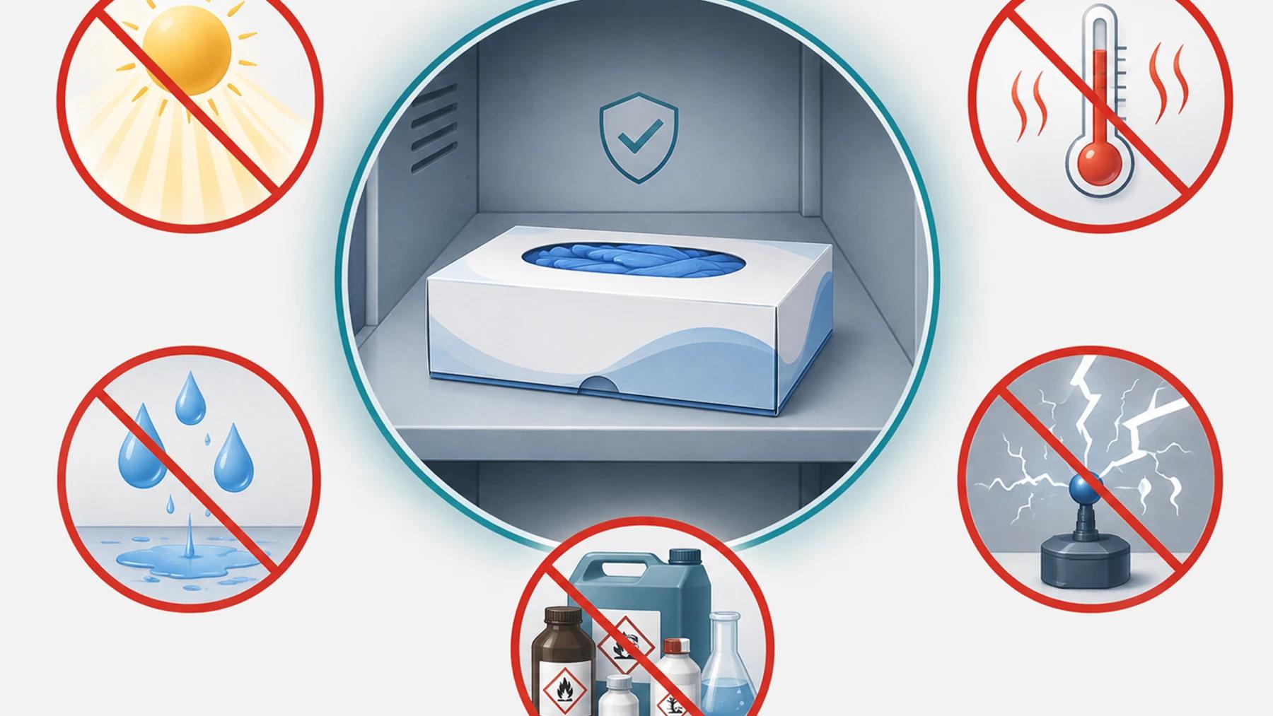 Safe medical glove storage protected from heat, sunlight, moisture, ozone, and nearby chemicals.