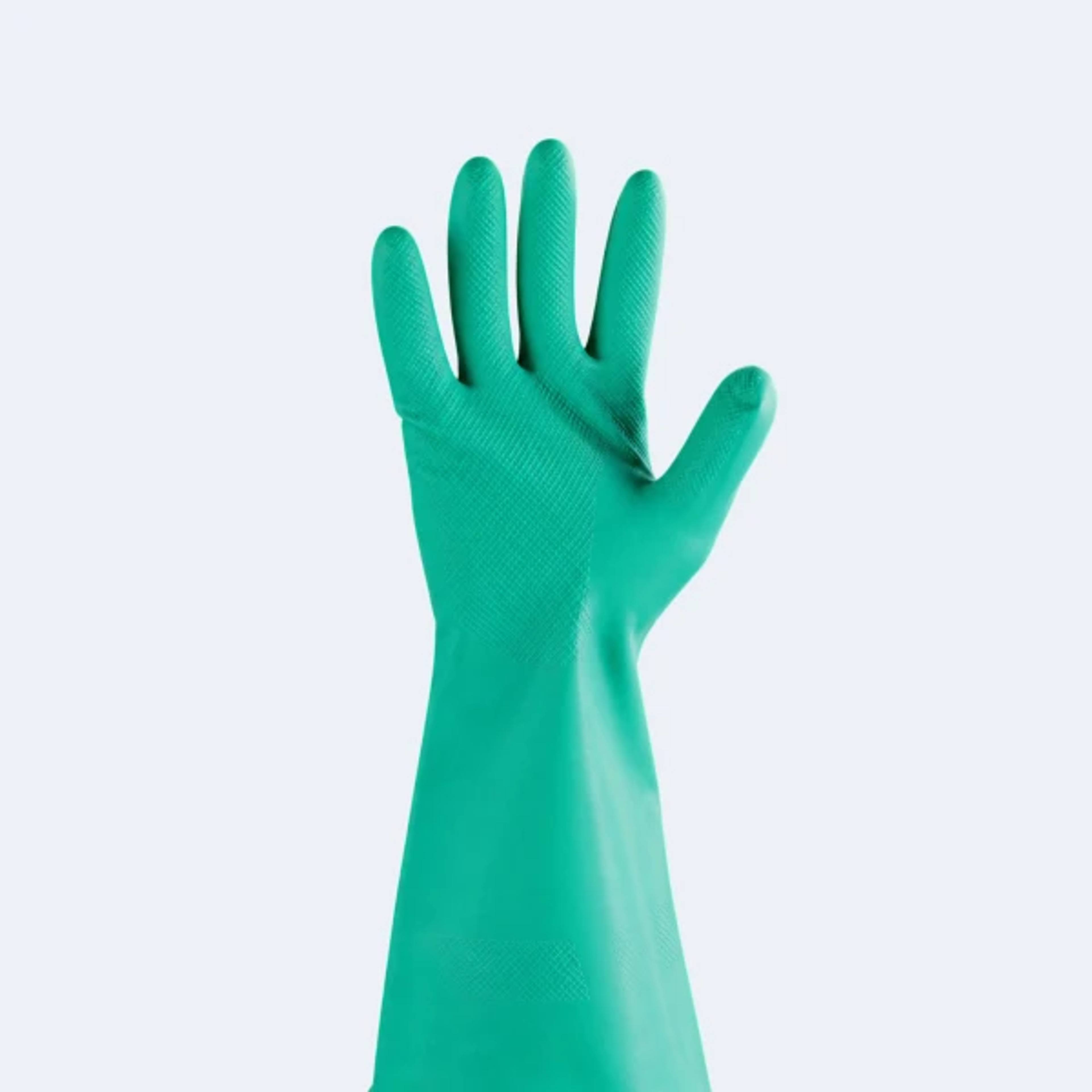 Industrial chemical gloves with 13 inch cuff for extended forearm chemical protection.