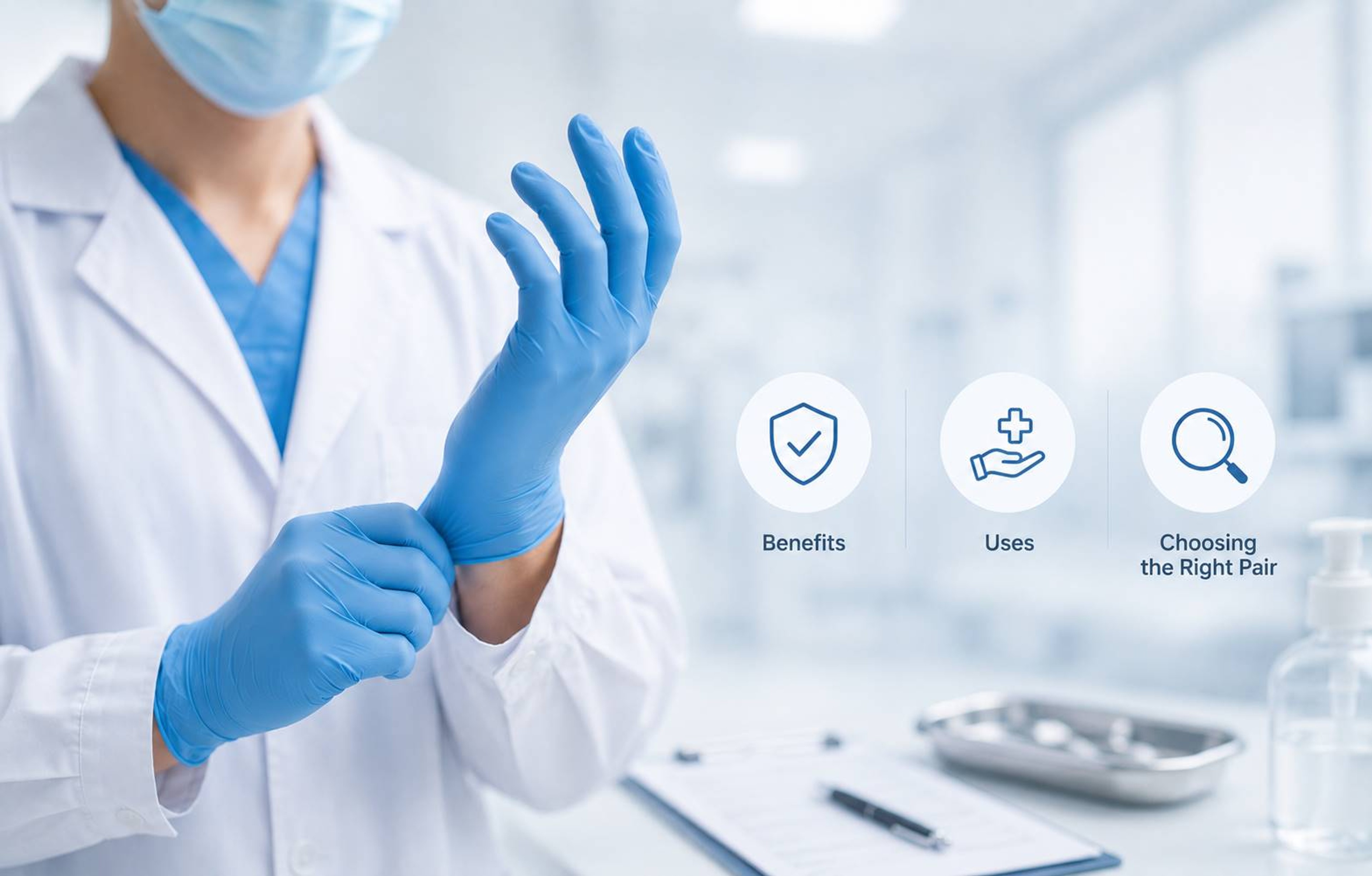 Professional nitrile gloves displayed across healthcare, food processing and industrial environments to illustrate key benefits and selection factors