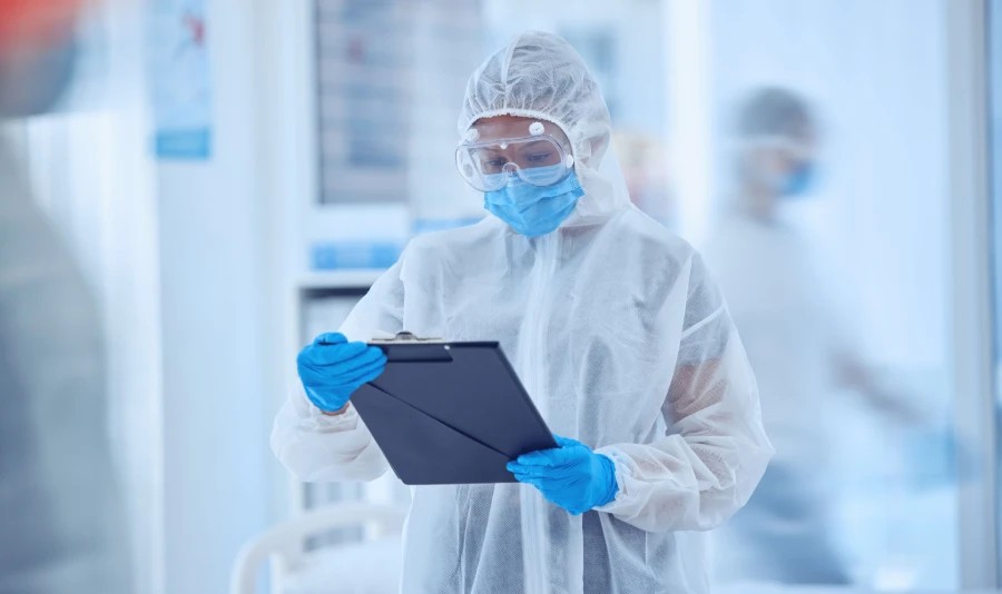 Medical gloves used by healthcare professionals in sterile laboratory settings.