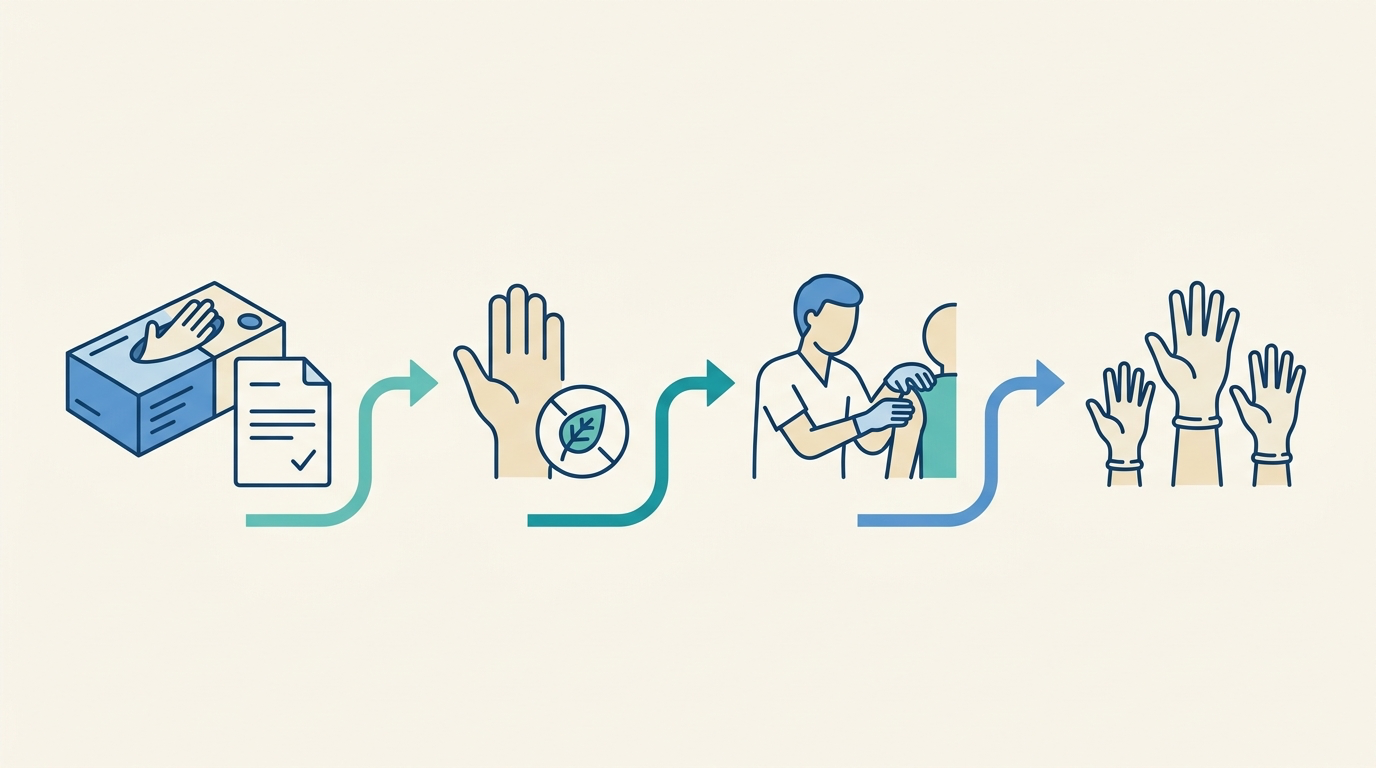 Medical glove purchasing workflow covering documents, material declaration, clinical task, and size and fit.