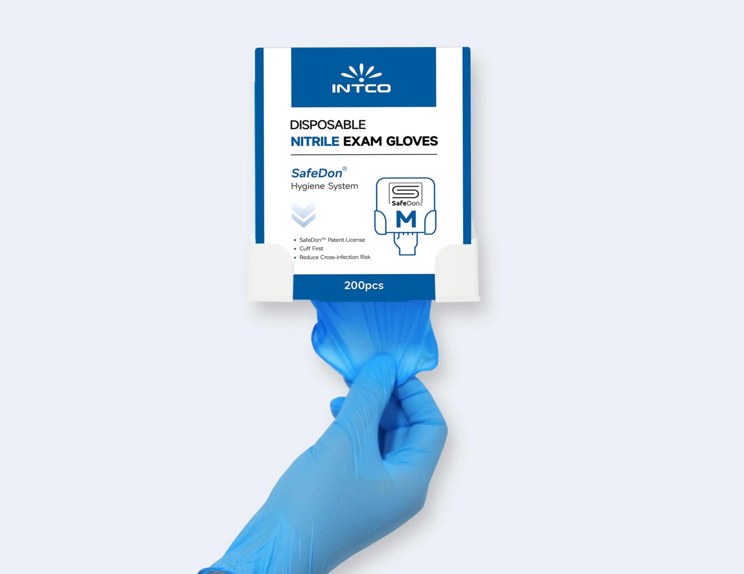 INTCO Safedon Nitrile/Vinyl Gloves compact view for matching the glove to work tasks, showing dispenser-based hygiene control and easy glove access.