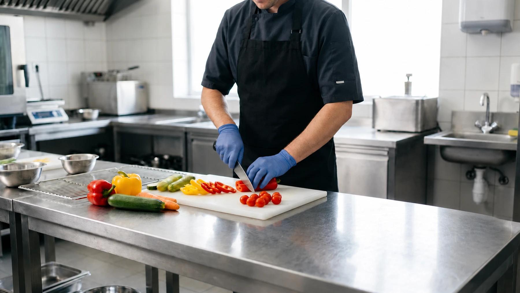 Chef wearing blue disposable gloves while preparing vegetables in a commercial kitchen for safe food handling.
