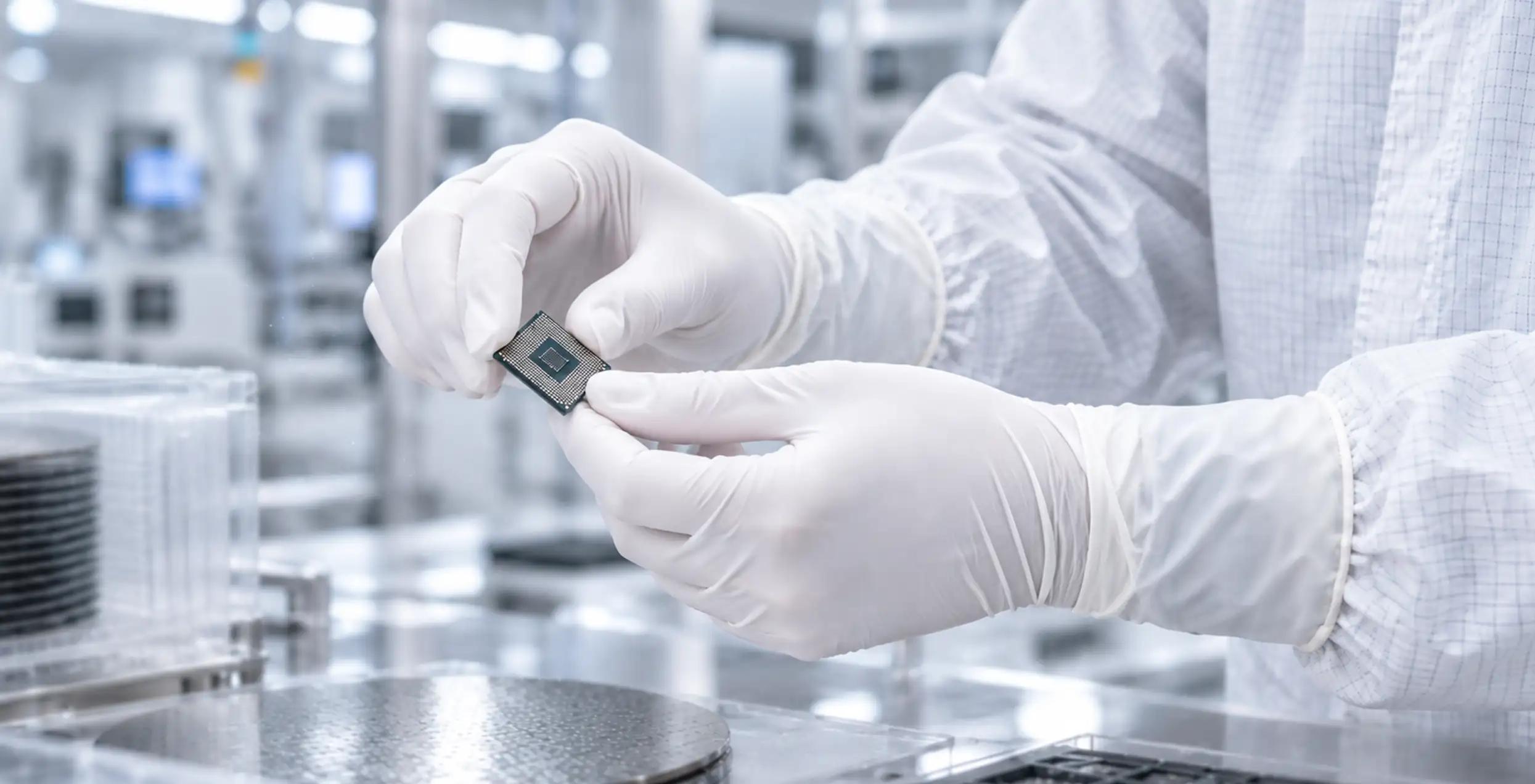 White nitrile cleanroom gloves handling a precision semiconductor chip in a low-particle, low-ionic-contamination environment