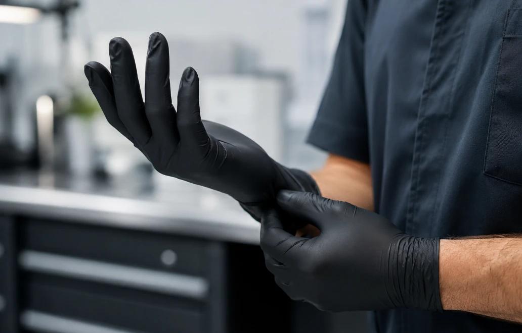 Person wearing black nitrile gloves, carefully putting them on in a professional workspace, emphasizing precision and protection