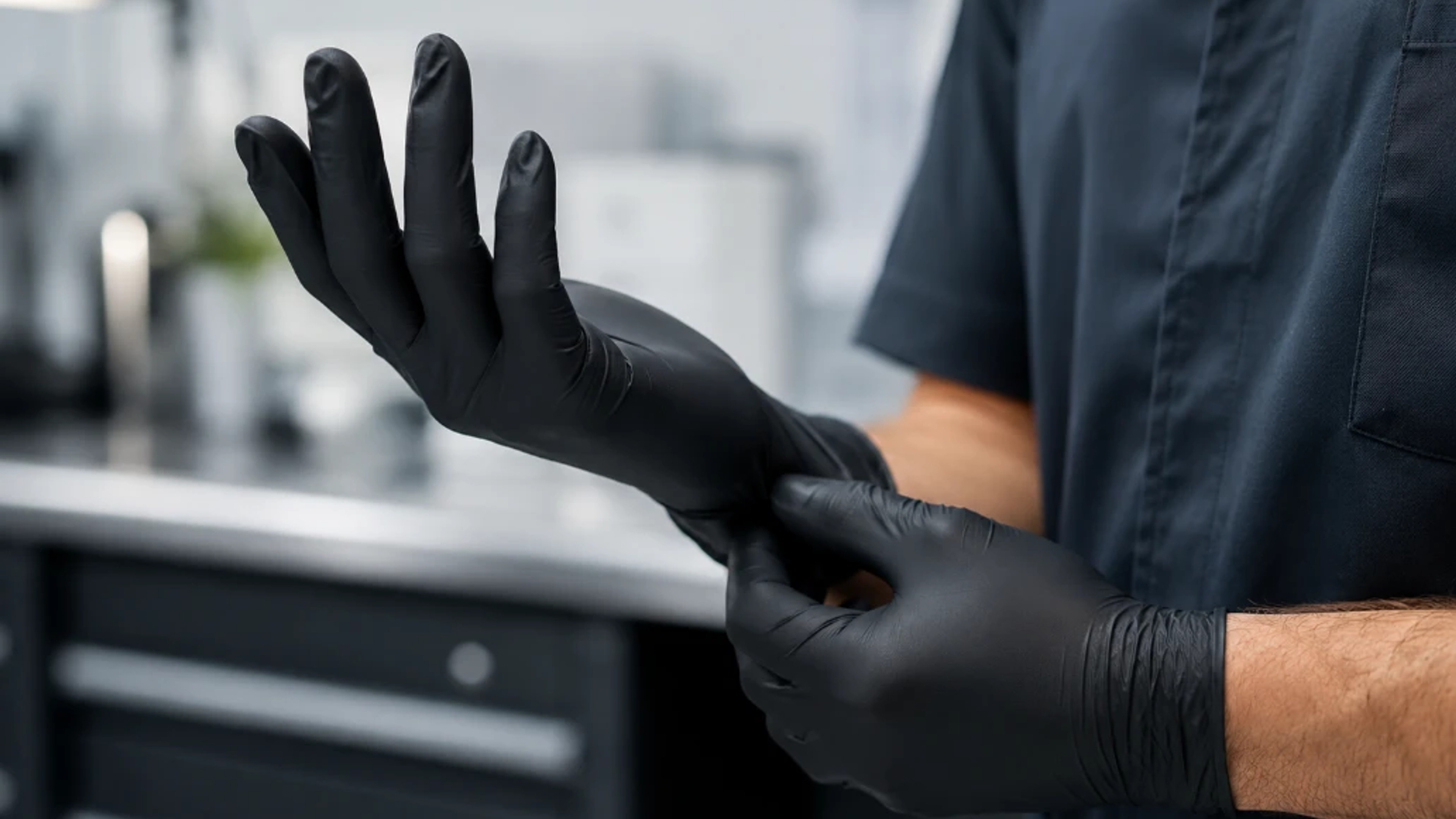 Person wearing black nitrile gloves, carefully putting them on in a professional workspace, emphasizing precision and protection