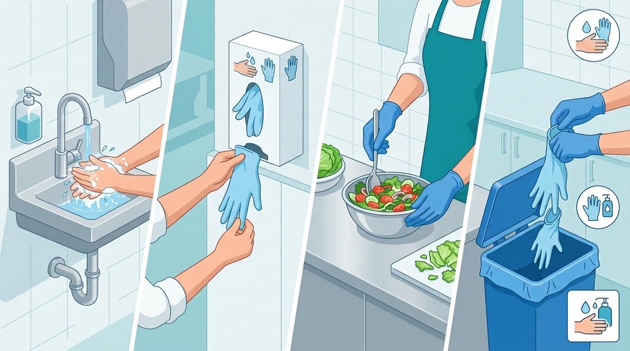 Restaurant glove-change workflow showing handwashing, donning, food preparation, removal, disposal, and washing again.