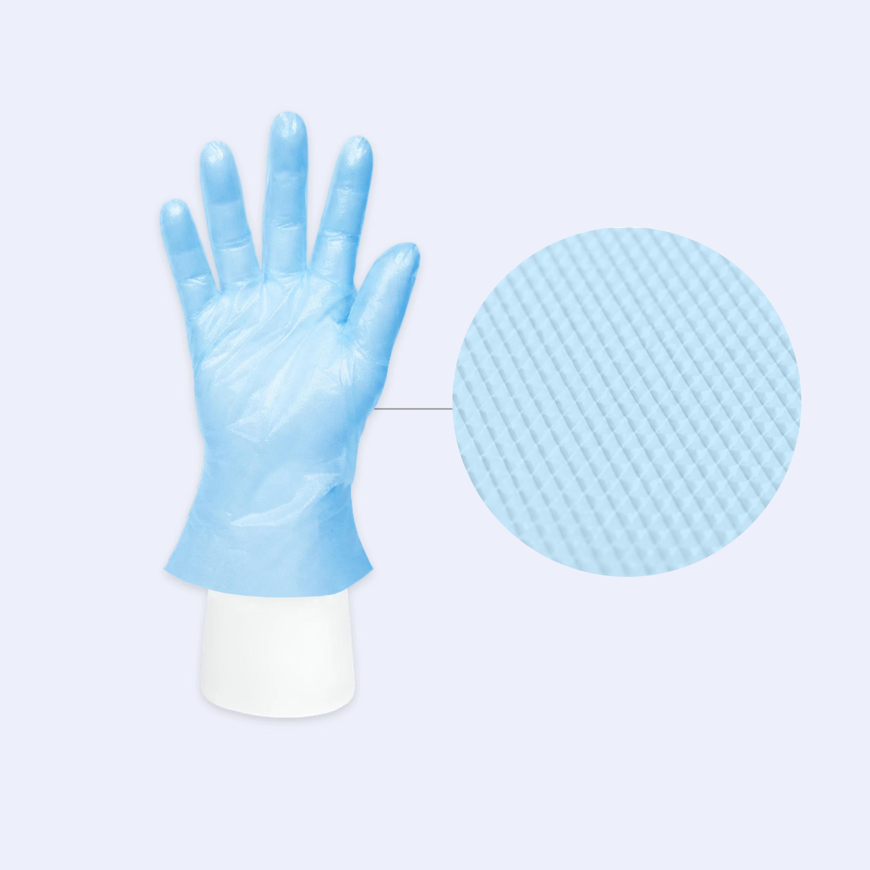 Blue disposable CPE gloves featuring lightweight design and reliable tear resistance