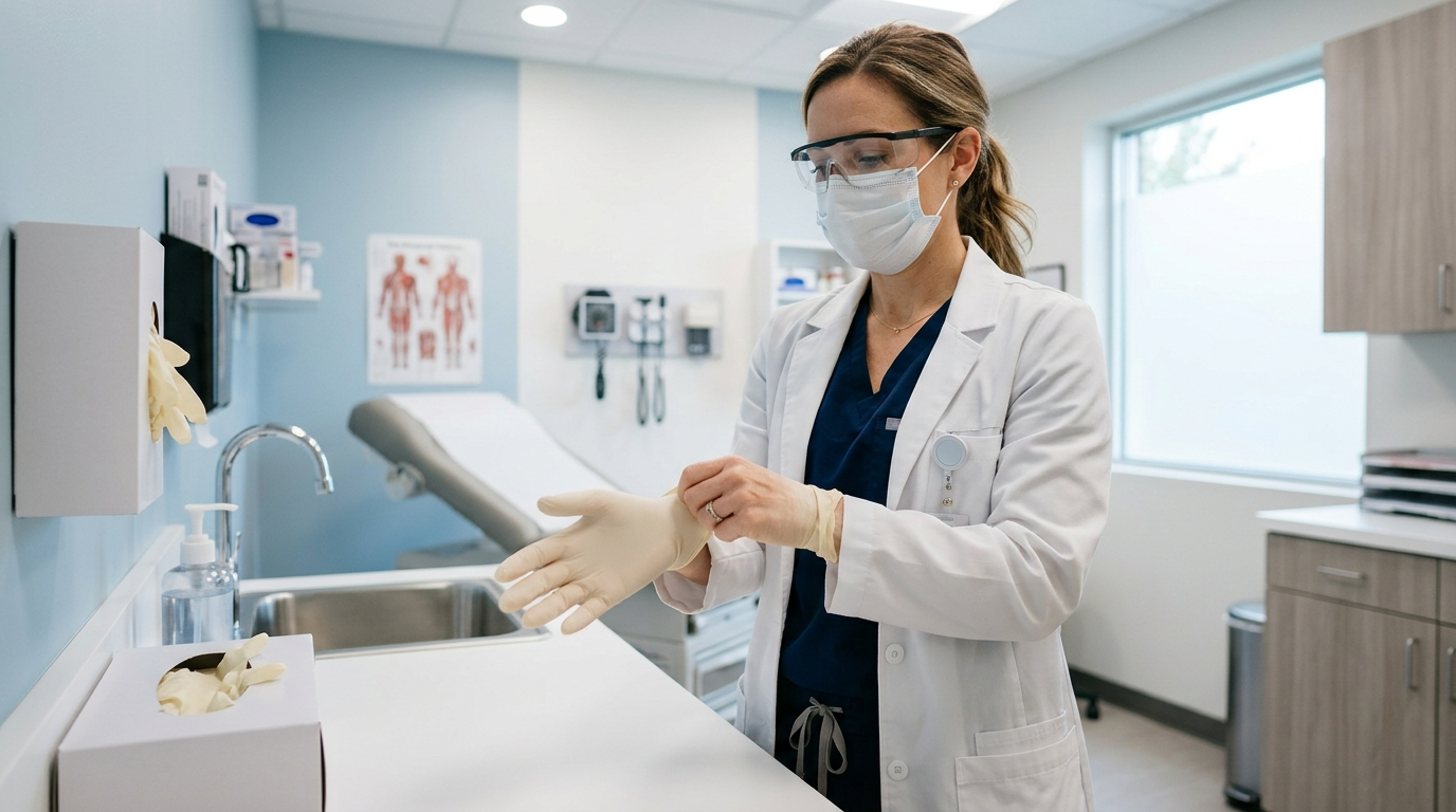 Clinician correctly donning pale powder-free examination gloves in a clean medical exam room.
