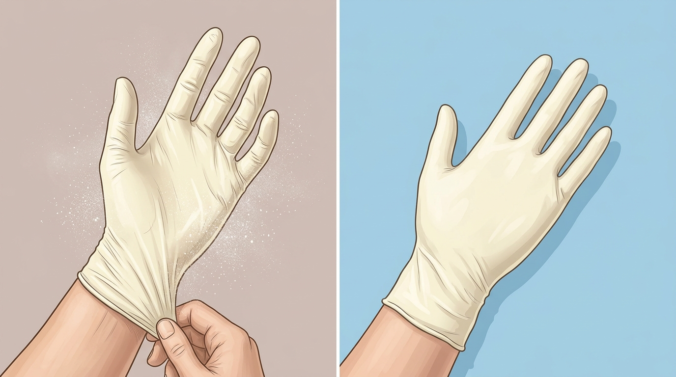 Illustration contrasting airborne powder from a historical powdered glove with a clean powder-free glove surface.