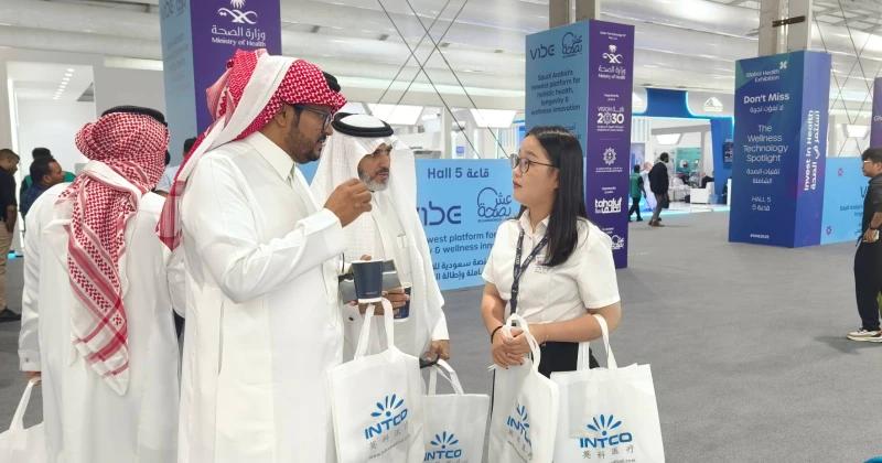 INTCO Medical representatives meeting visitors at Global Health Exhibition 2026