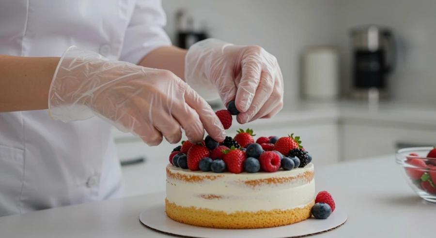 INTCO vinyl gloves for hygienic cake decoration in professional kitchens