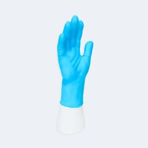 Synguard Pro Nitrile(Exam)Gloves compact view of the glove fit and cuff area with Nitrile, showing ambidextrous, finger textured, beaded cuff.