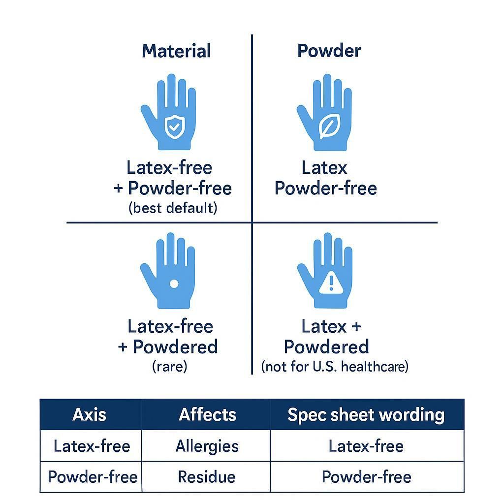 Infographic comparing latex-free vs powder-free gloves using a 2×2 grid and spec-sheet checklist
