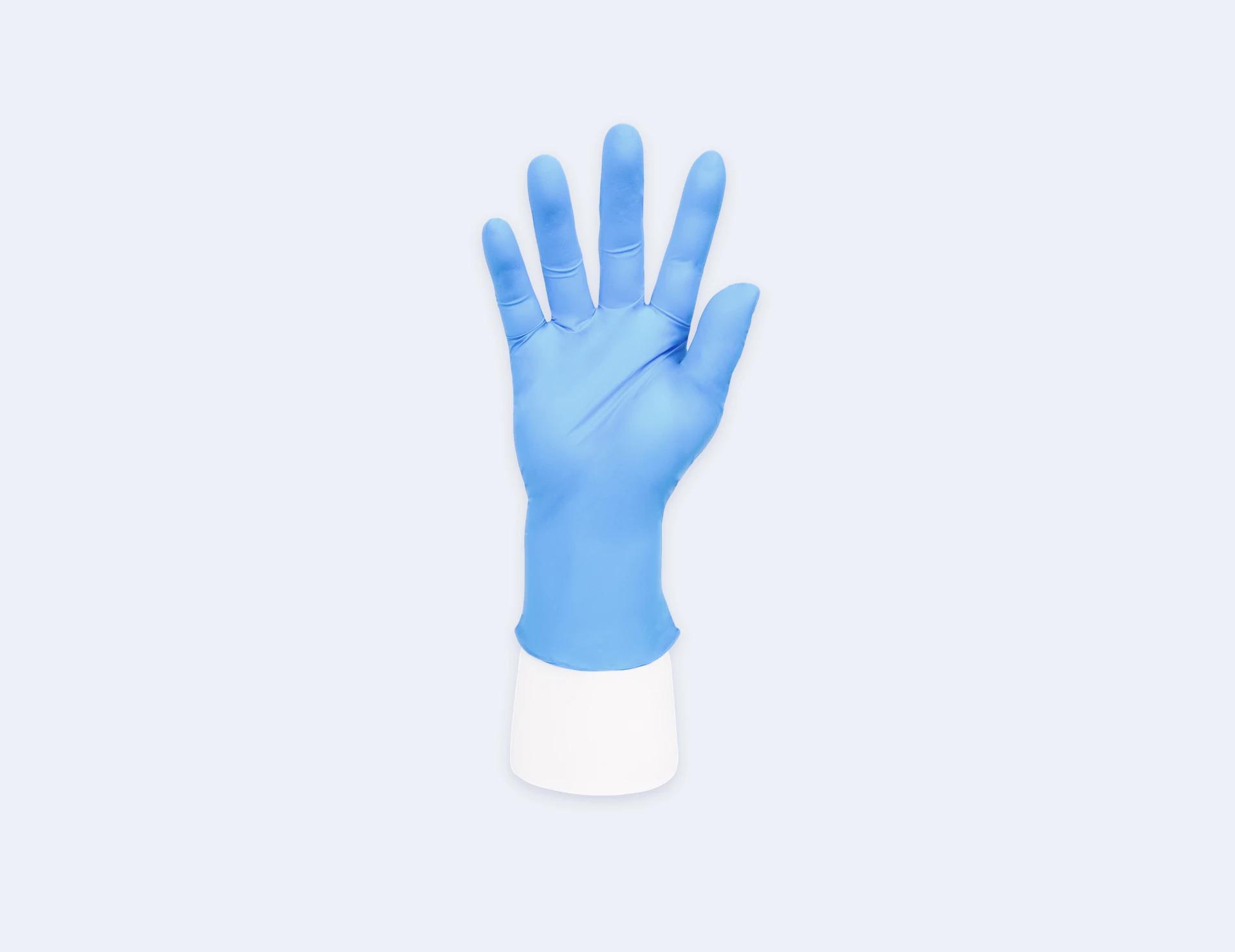 Synguard TouchLite Nitrile Gloves overall glove shape, color, and material finish with Nitrile, showing ambidextrous, beaded cuff for Pet Care and Hotel Catering.