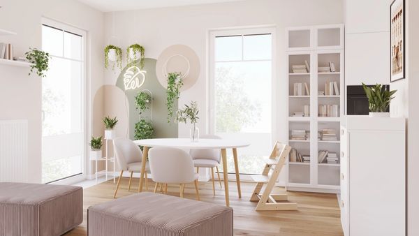 Pokój dzienny z jadalnią w 21 metrach — jak zmieścić sofę, stół i rośliny