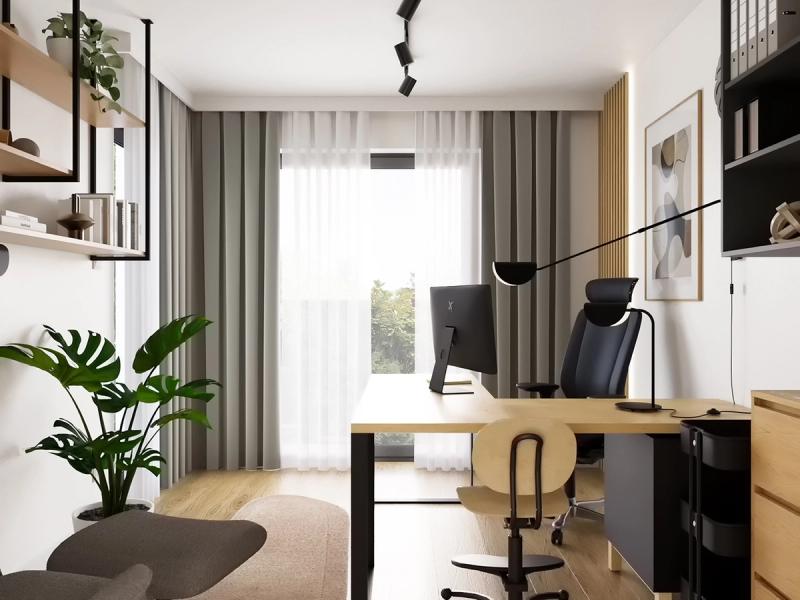 Widok z fotela. Szyna z reflektorami na suficie zamiast jednej lampy. Lamelowa ściana podświetlona LED-em — ciepłe tło do pracy i wideorozmów.