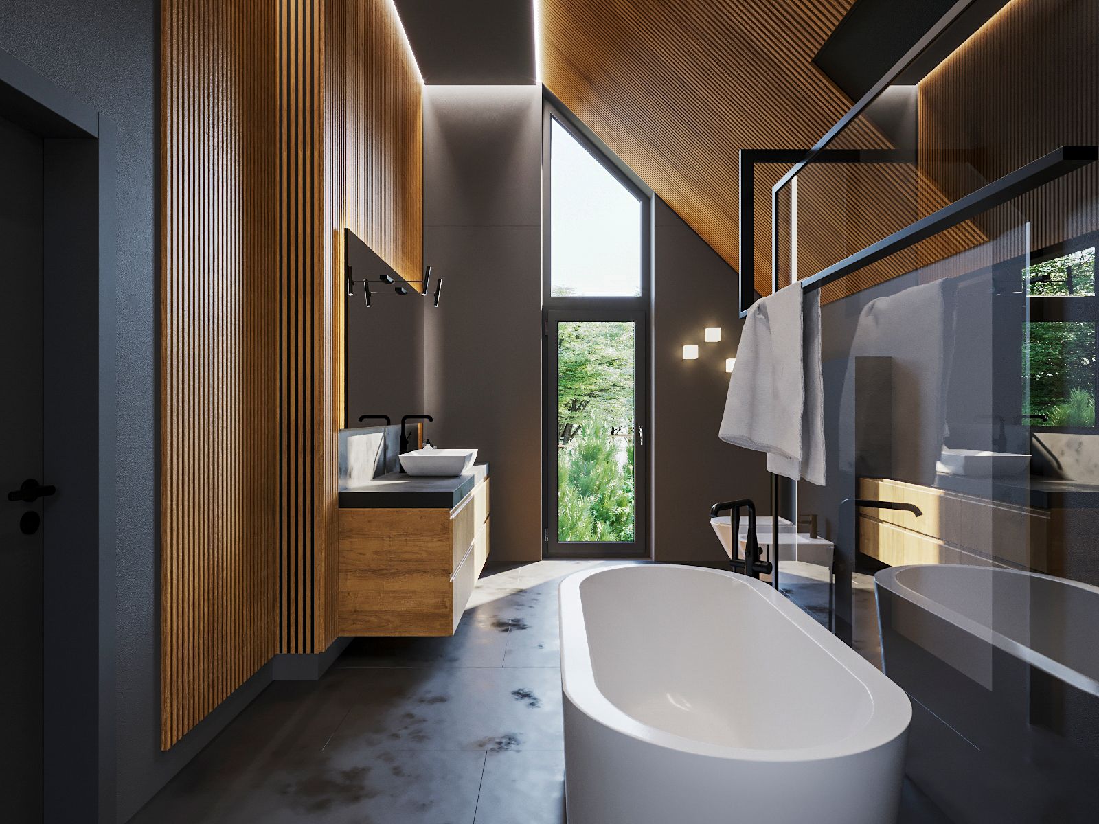 Nowoczesna łazienka GLI z drewnianymi panelami, wolnostojącą wanną, walk-in prysznicem i umywalką na ściance z czarnymi armaturamiami oraz naturalnym światłem