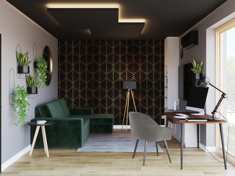 Tapeta i sofa. Lampa stojąca na trójnogu. Lustro okrągłe. Rośliny w metalowych doniczkach na ścianie.