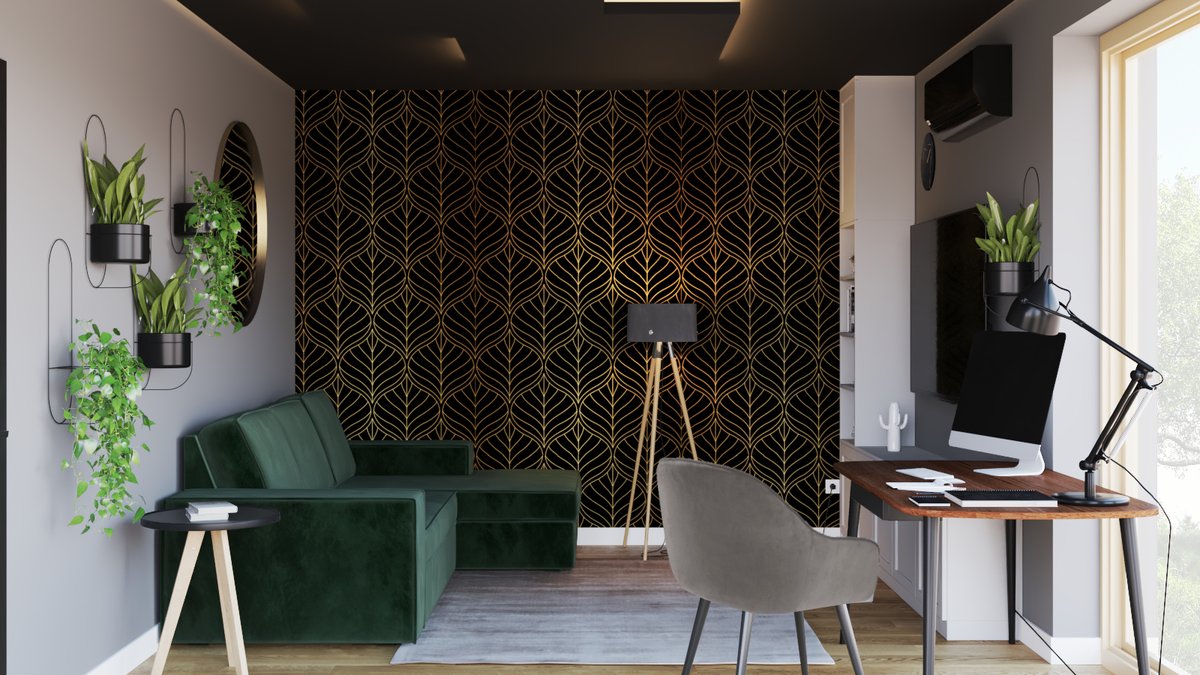 Gabinet domowy z czarnym sufitem — jak urządzić home office i pokój gościnny w 18 metrach