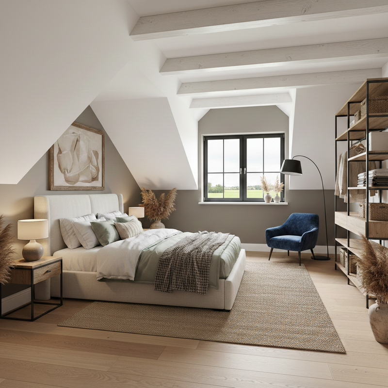 Sypialnia w domu pod Krakowem. W tej skomplikowanej architektonicznie przestrzeni udało się stworzyć wyrażenie spokoju i harmonii.