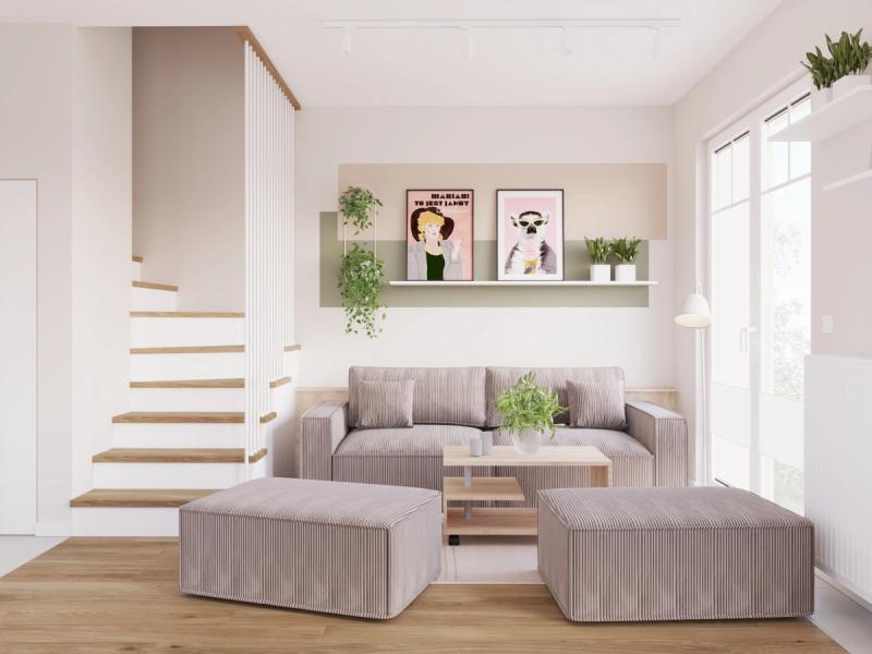 Lemur w okularach przeciwsłonecznych i retro kobieta nad sofą. Dywan z krótkim włosem — taki, po którym można pełzać, jeśli ma się dwa lata.