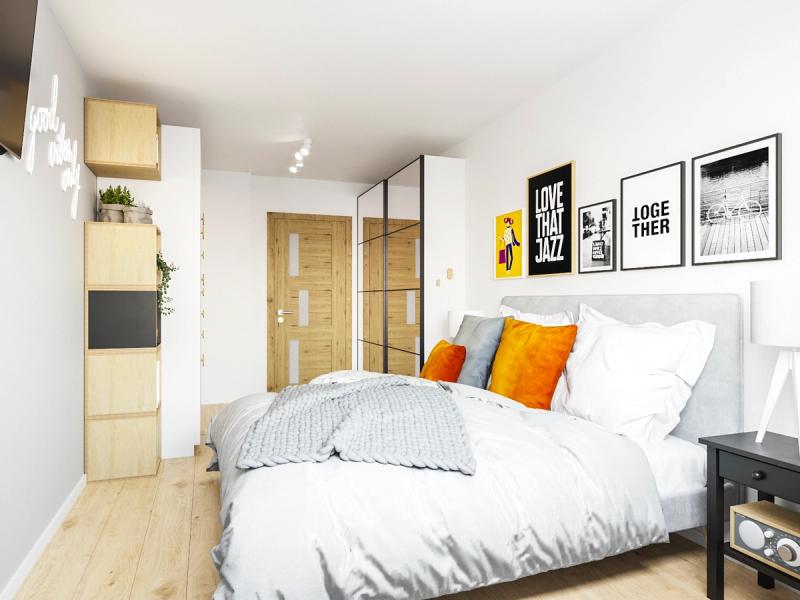 Widok w stronę drzwi. Półki na boku szafy dodaliśmy po to, żeby złagodzić wielką biaą bryłę stojącą w kącie pokoju.