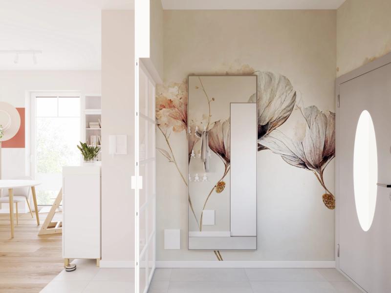 Lustro, wieszaki na kurtki. Drzwi wejściowe z owalnym szkłem zostały — pasują.