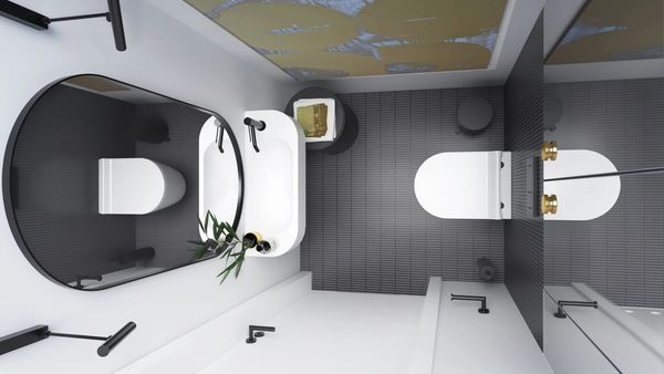 Projekt toalety w domu — mini galeria sztuki za drzwiami