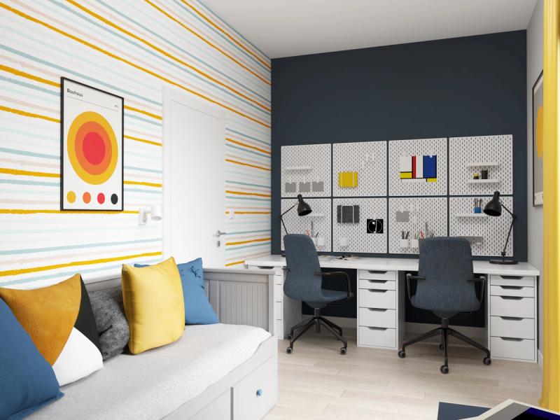 Strefa biurek. Kolory za plecami.