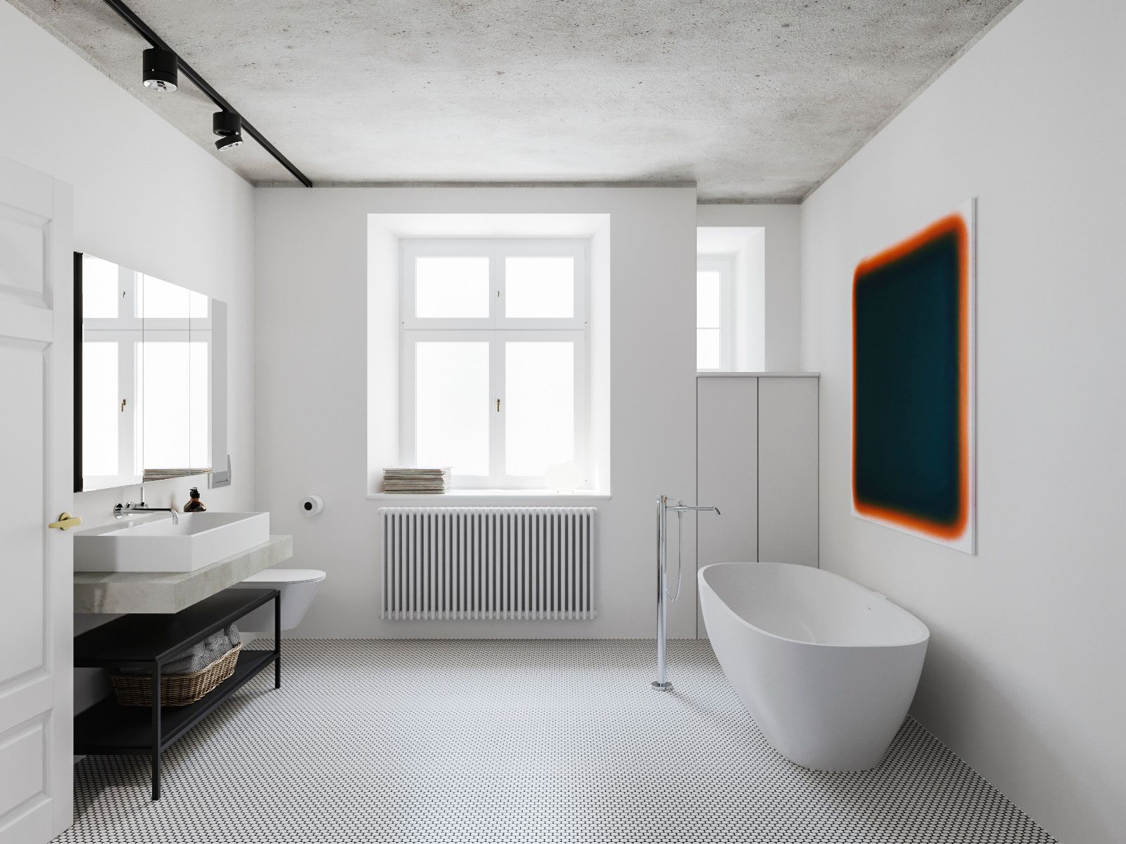 Nowoczesna łazienka z wolnostojącą wanną, białą umywalką, dużym lustrem i płytkami w stylu minimalistycznym, z pomarańczowym akcentem na ścianie