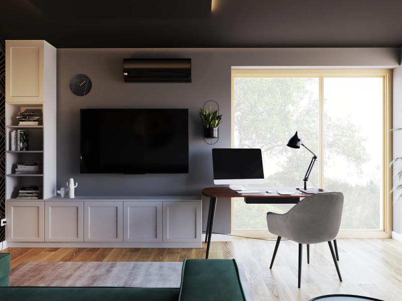 Strefa pracy i telewizora. Zabudowa na wymiar.