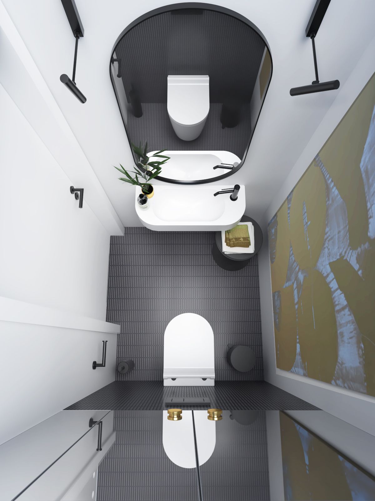 Nowoczesna łazienka z walk-in prysznicem, białą umywalką, szarymi płytkami i czarną armaturą w minimalistycznym stylu